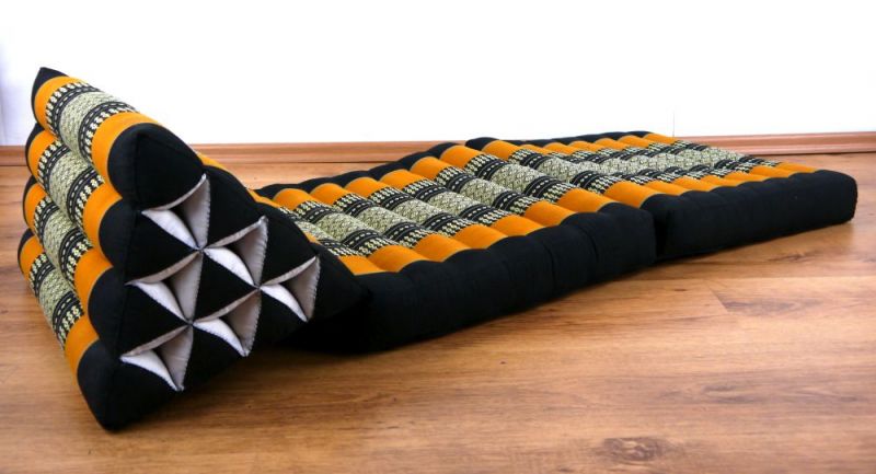 Livasia Thaikissen Mit 2 Auflagen - 120x50x8cm - Dreieckskissen Mit Sitzkissen, Keilkissen Mit Kapok, Rückenkissen Faltbar, Thaimatte Zum Klappen, Handgefertigt, Meditationskissen (Blau/Gelb