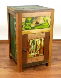 Kommode/Nachtschrank aus recyceltem, bunten Teakholz/Bootsholz, Java (Indonesien), Nr.318