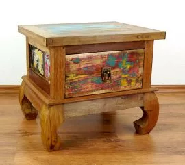Nachtschrank/Beistelltisch aus recyceltem, bunten Teakholz/Bootsholz, Java (Indonesien), Nr.342