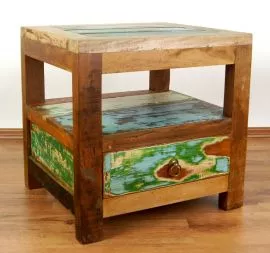 Nachttisch aus recyceltem, bunten Teakholz/Bootsholz, Java (Indonesien), Nr.316