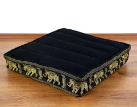 Sitzkissen, Bodensitzkissen mit Seidenstickerei  *schwarz - Elefanten*